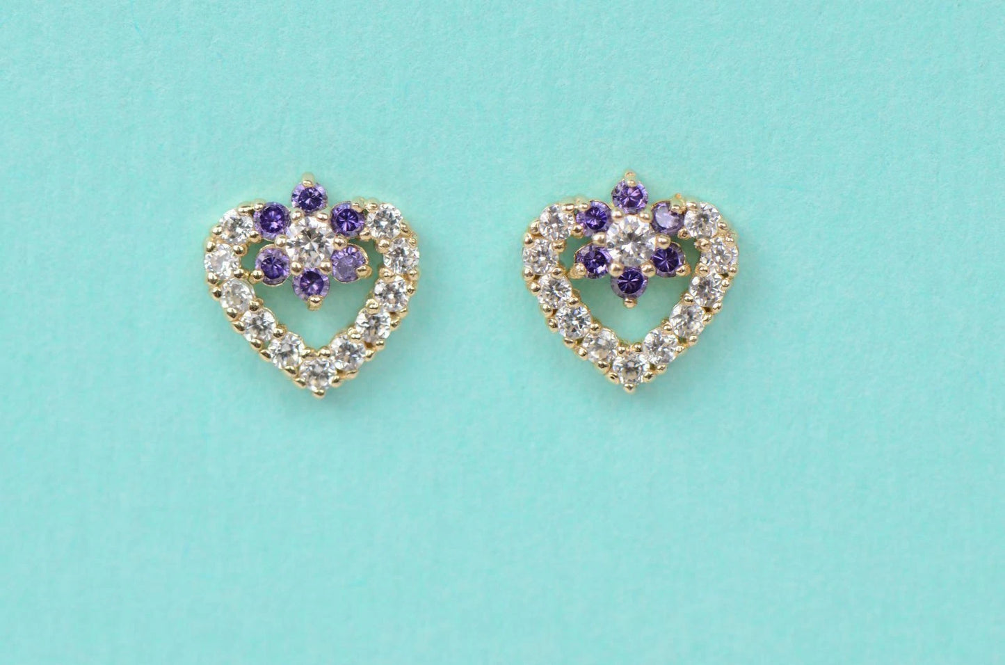 14K Yellow Gold Stud Heart Shape CZ Stud Earrings