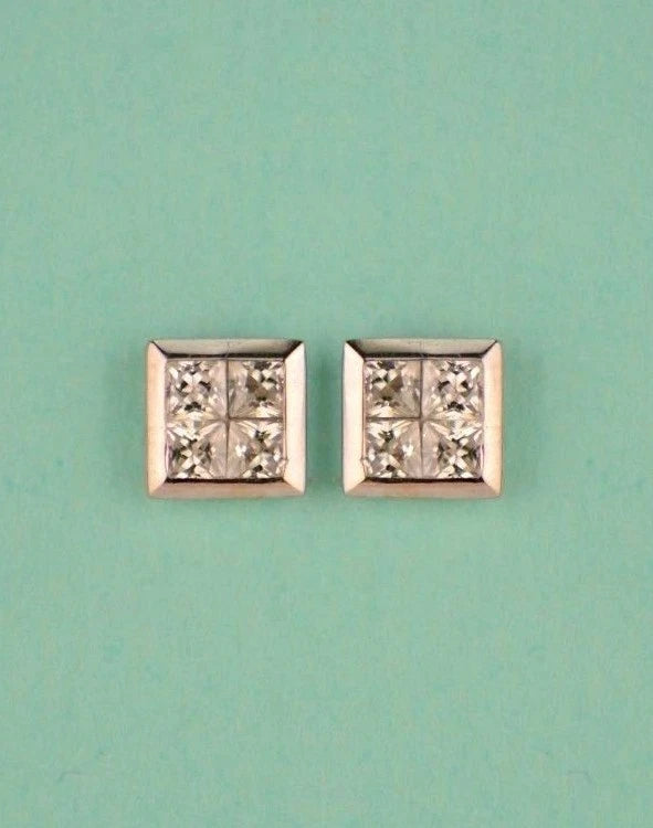 14K Yellow or White Gold Fancy Square CZ Stud Earring