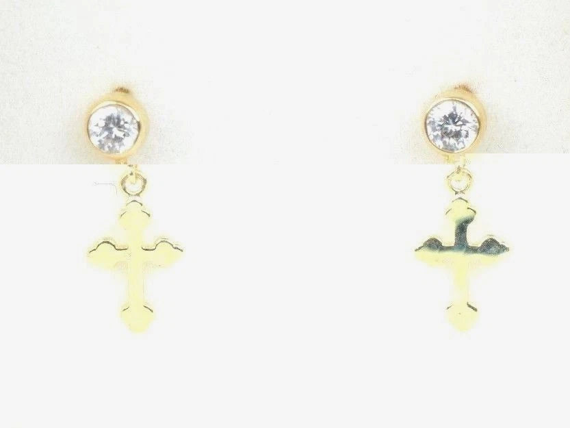 14K Yellow White Gold Cubic Zirconia CZ Cross Dangle Earrings