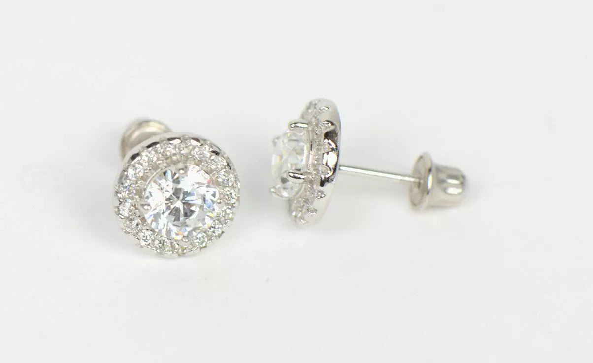 14K Solid White Gold Halo Stud CZ Screw Back Earrings
