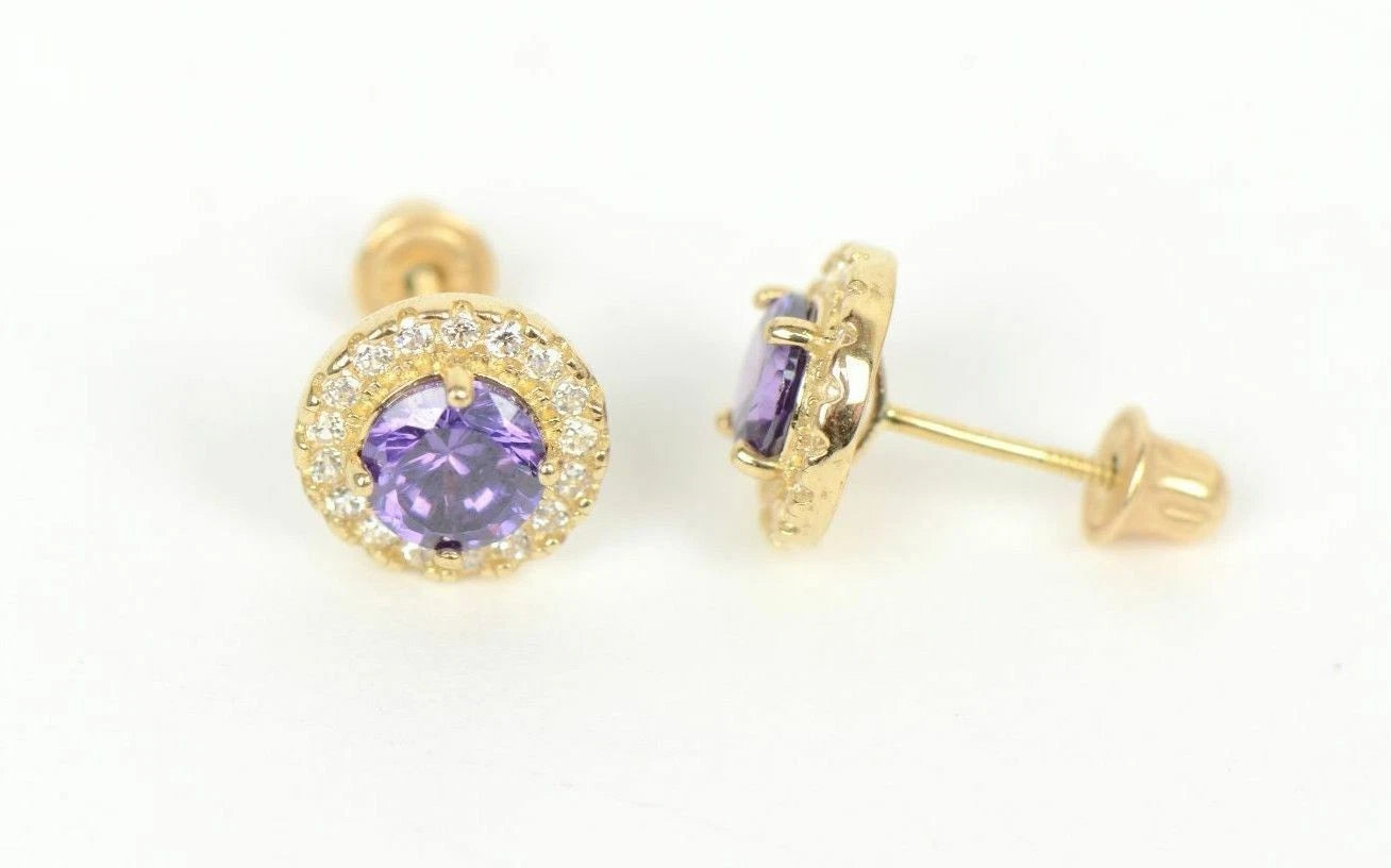 14K Yellow Gold Halo Stud Screw Back Earrings