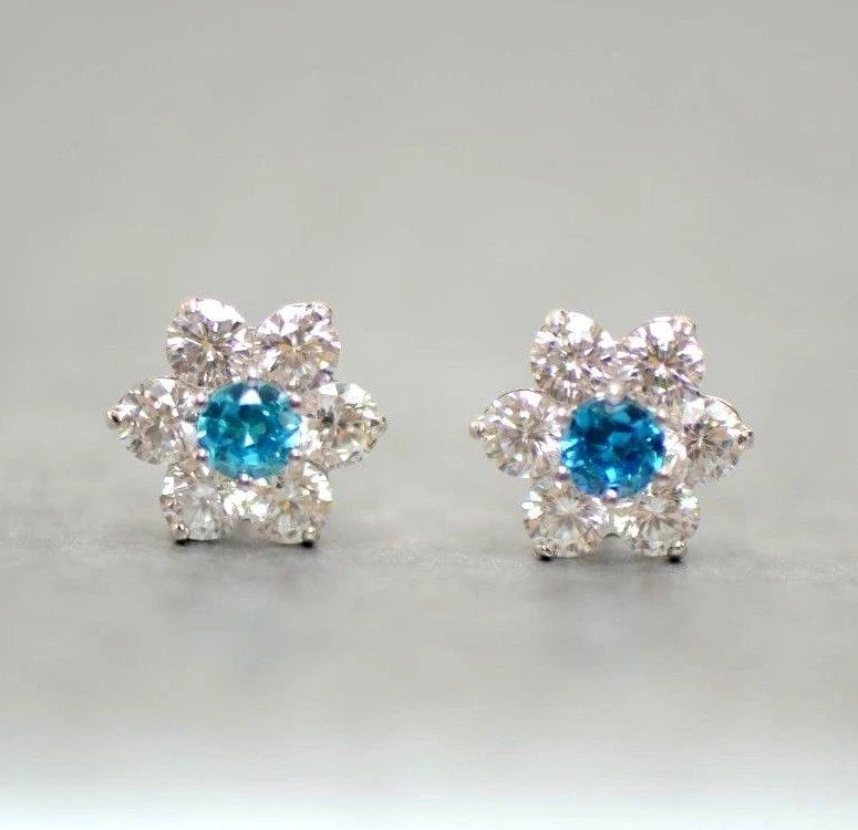 14k White Gold Flower Stud CZ Earrings screw back