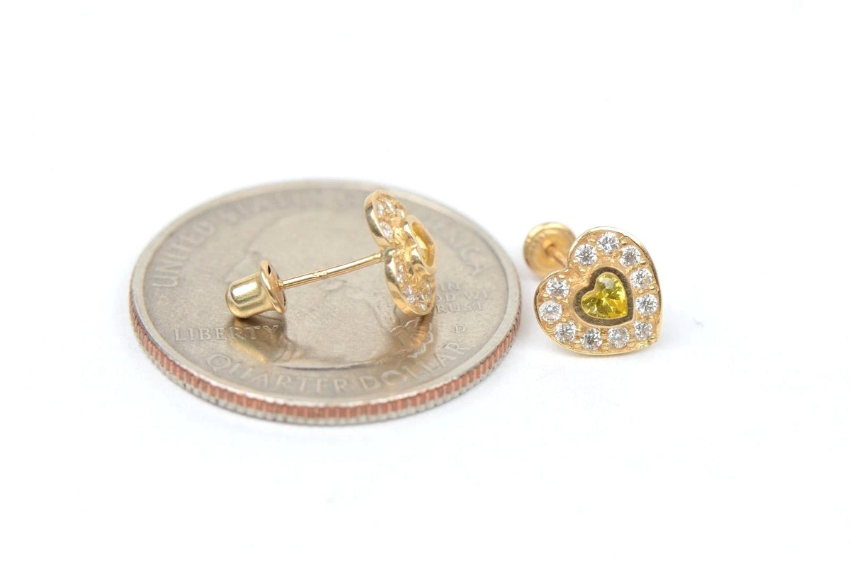 14K Yellow Gold Birthstone Heart with CZ Stud Earrings Screw Back