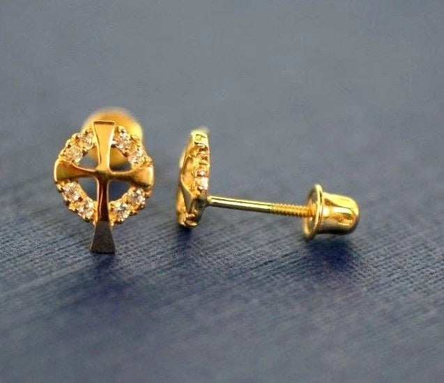 14K White or Yellow Gold Cross CZ Stud Earrings