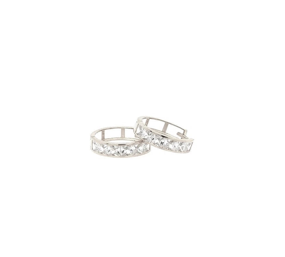 14K White Gold Princess Cut Huggie Hoop Earrings