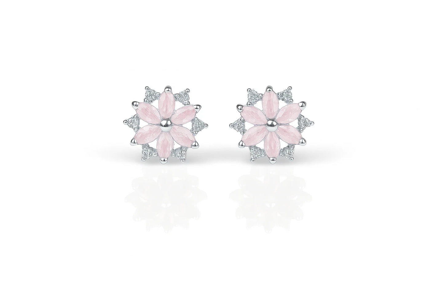 14K White Gold Beautiful CZ Flower Stud Earrings for Women