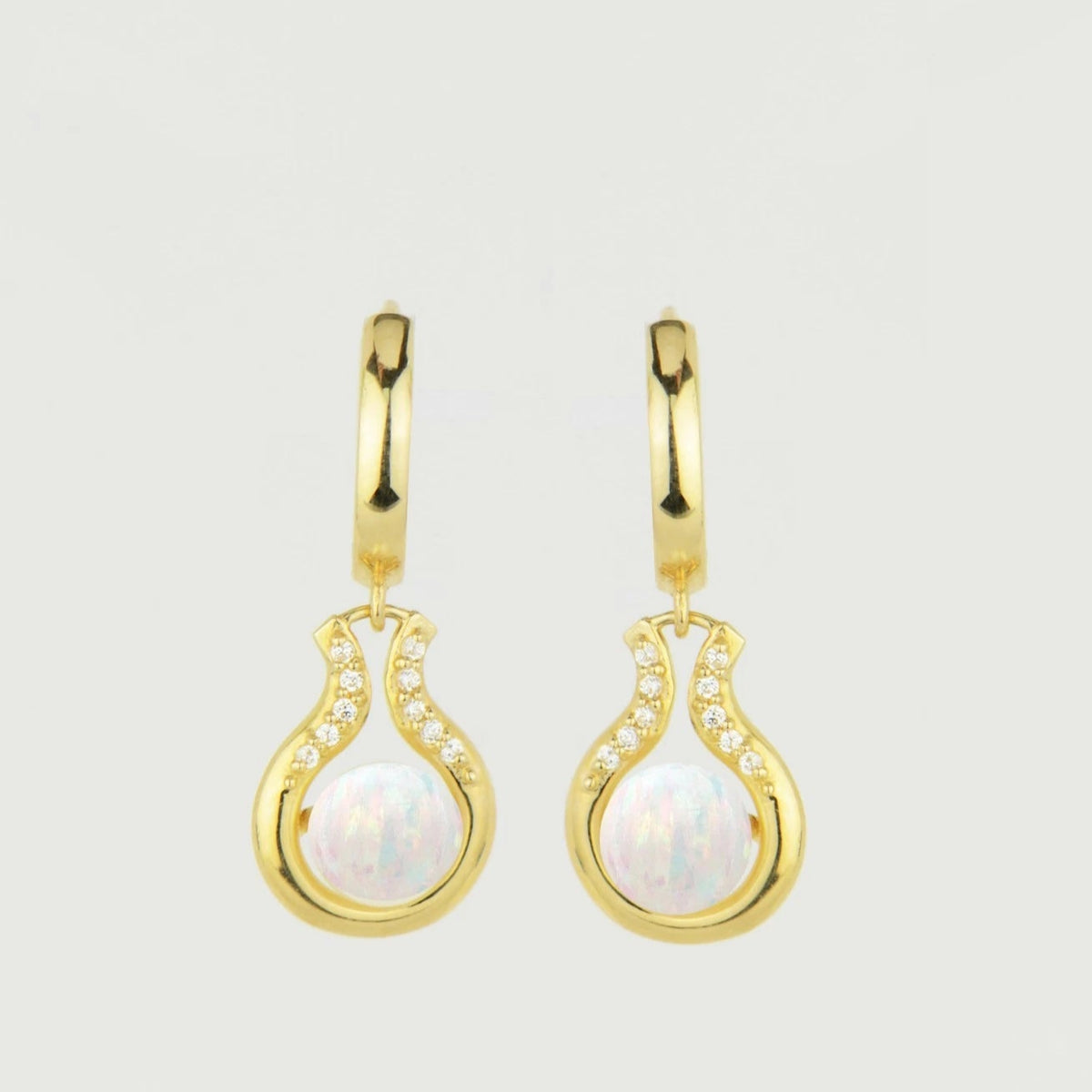14K Yellow / White Gold Opal Huggie Hoop Dangle Earrings