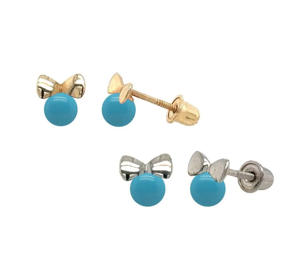 14k Yellow Gold Bow Tie Turquoise Stud Earrings/ Screw Back