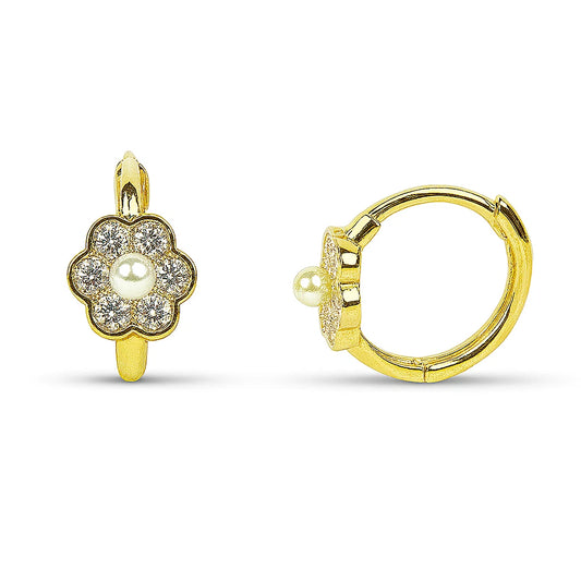 14K Yellow Gold Flower Shaped CZ Huggies Earrings for Women