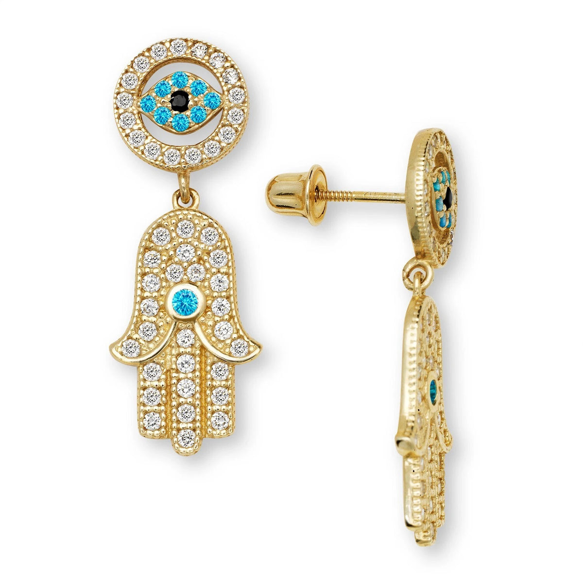 14K Yellow & White Gold Unique Evil Eye Hamsa Hand Dangle Earrings for Women