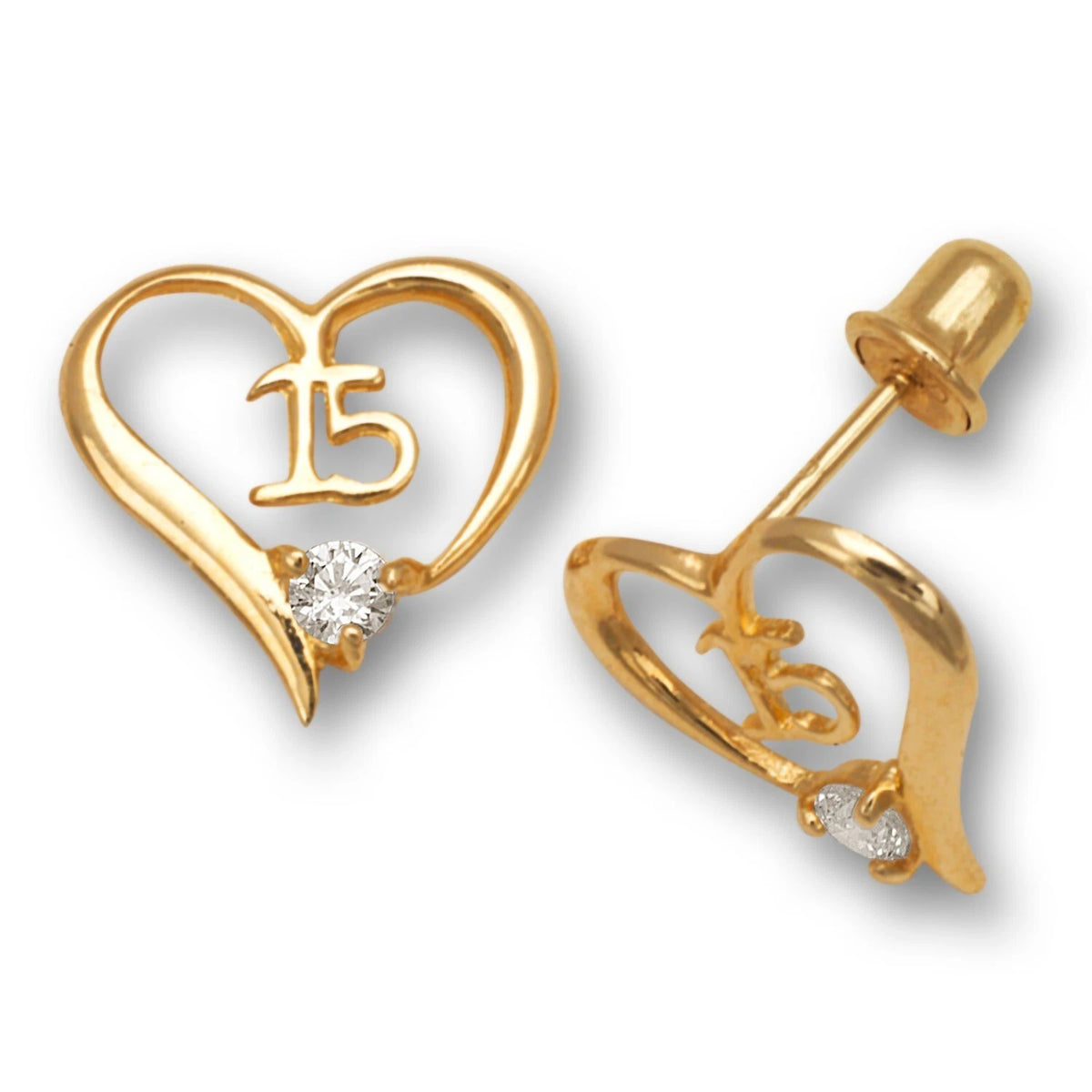 14K Yellow Gold Heart Shaped 15 Number kids Earrings