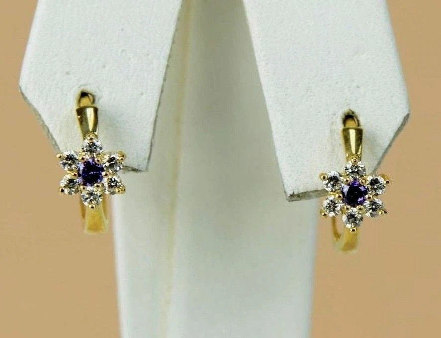14k Yellow Gold Flower Huggies Hoop Earring Birthstone