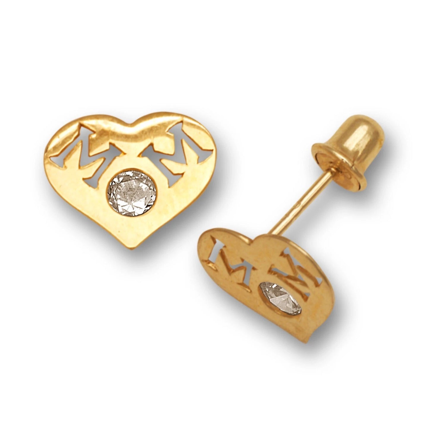 14k Yellow & White Gold Mom Heart Shape with CZ Screw Back Earrings for Women