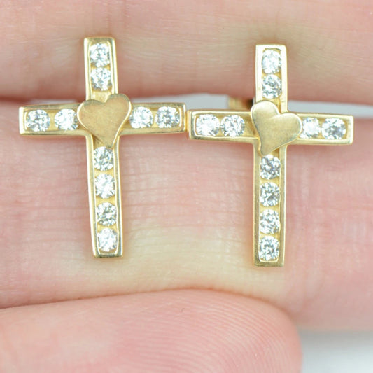 14K Yellow or White Gold Heart CZ Cross Earrings