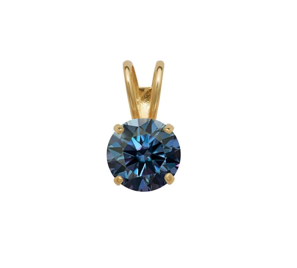 14K Gold GRA Certified D-VVS1 Round Blue Moissanite Pendant