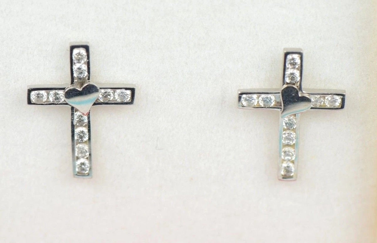 14K Yellow or White Gold Heart CZ Cross Earrings
