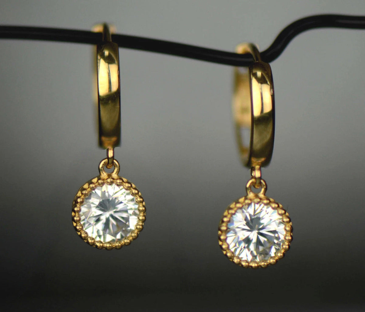 14k Yellow Gold Dangle Round Birthstone Huggie Earrings