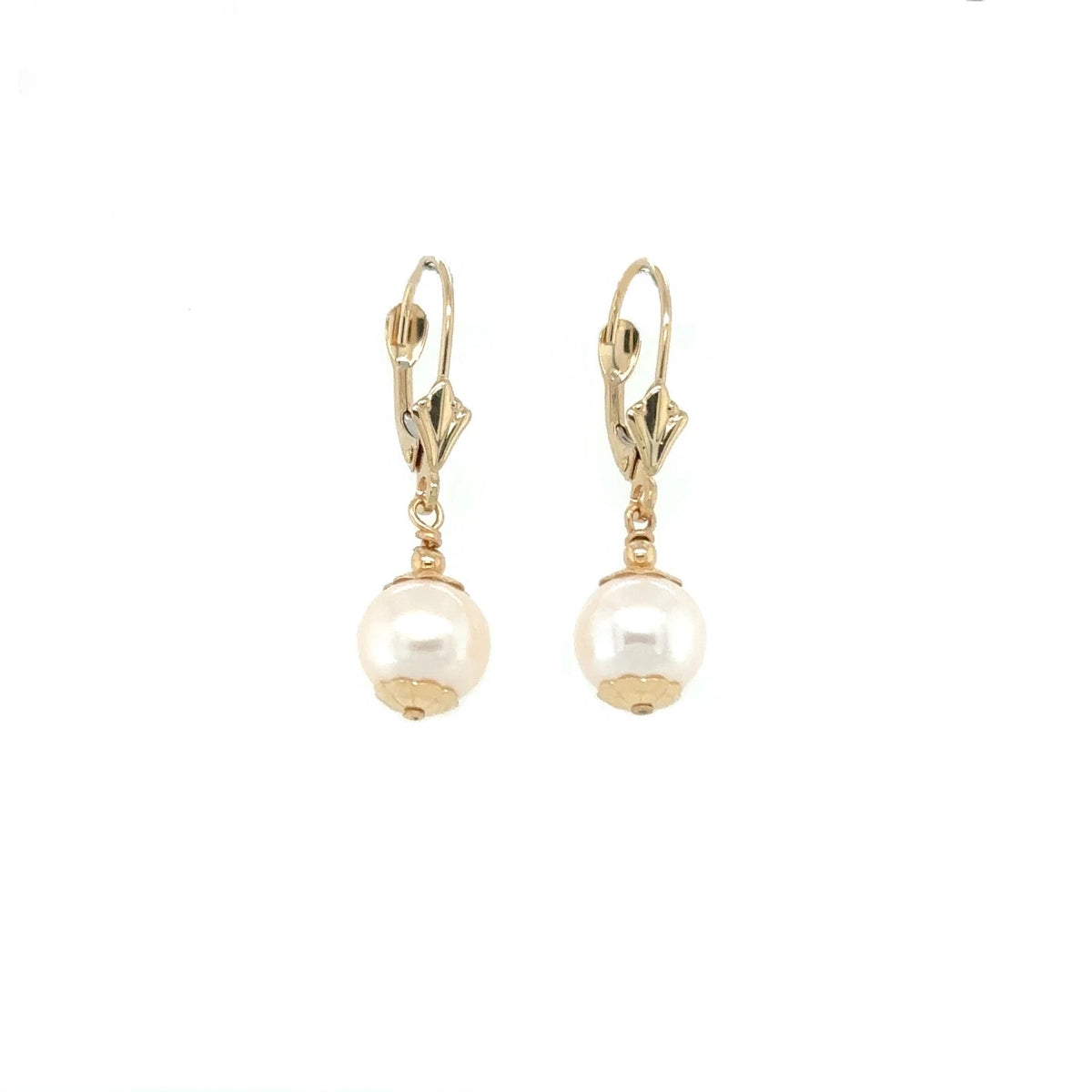 14K Yellow Gold Lever Back Earrings with Genuine Pearl 8mm