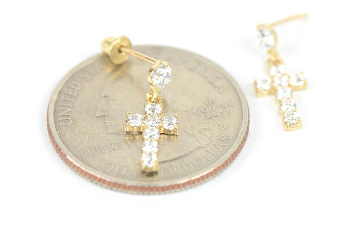 14K Yellow or White Gold Cubic Zirconia CZ Cross Dangle Earrings