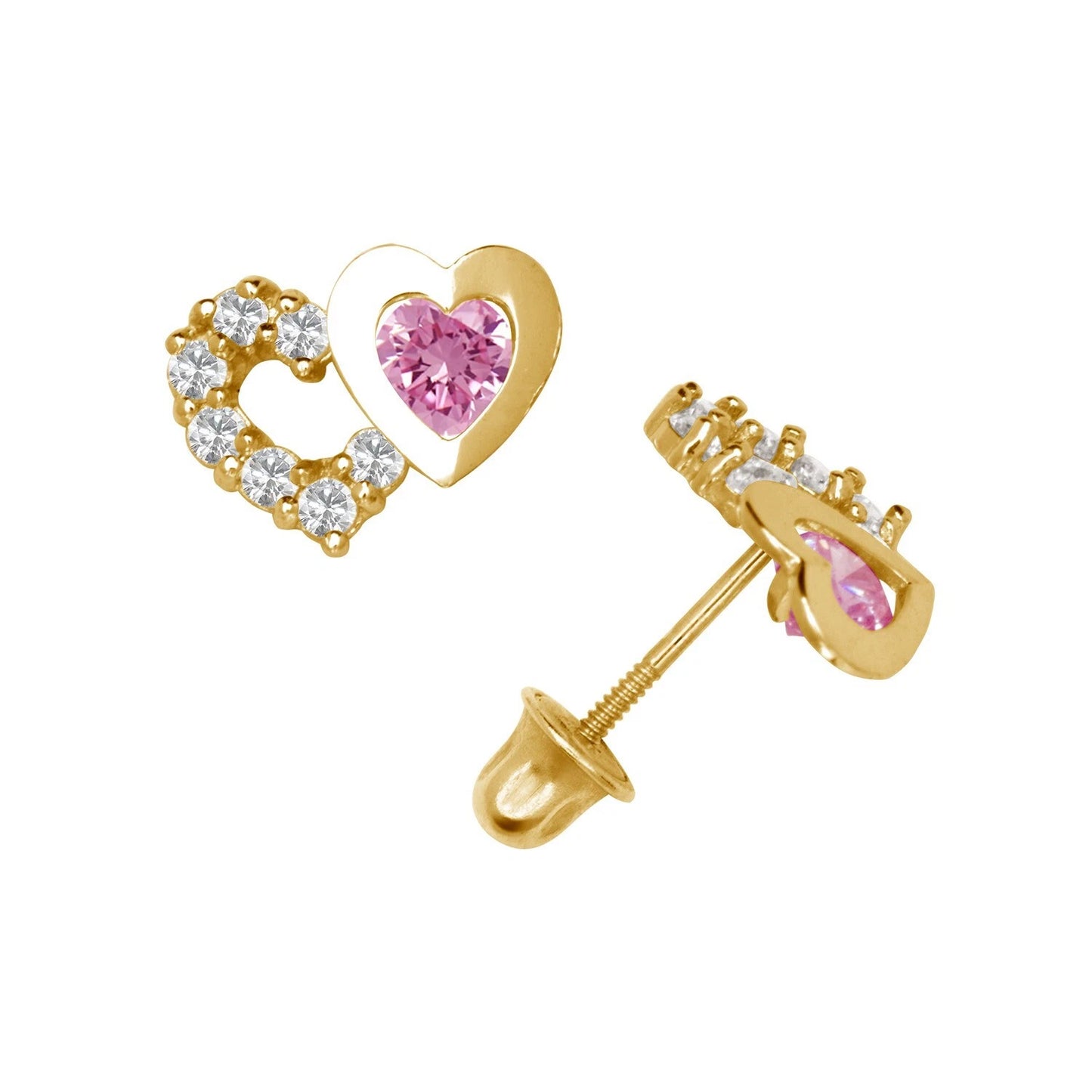 14K Yellow & White Gold Classic CZ Heart Shaped Stud Earrings for Women