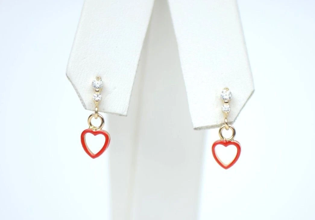 14K Solid Yellow Gold Heart Shape Dangle Earring with Enamel
