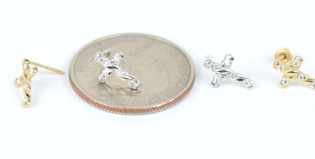 14K Yellow White Gold Cubic Zirconia CZ Cross Earrings For Women