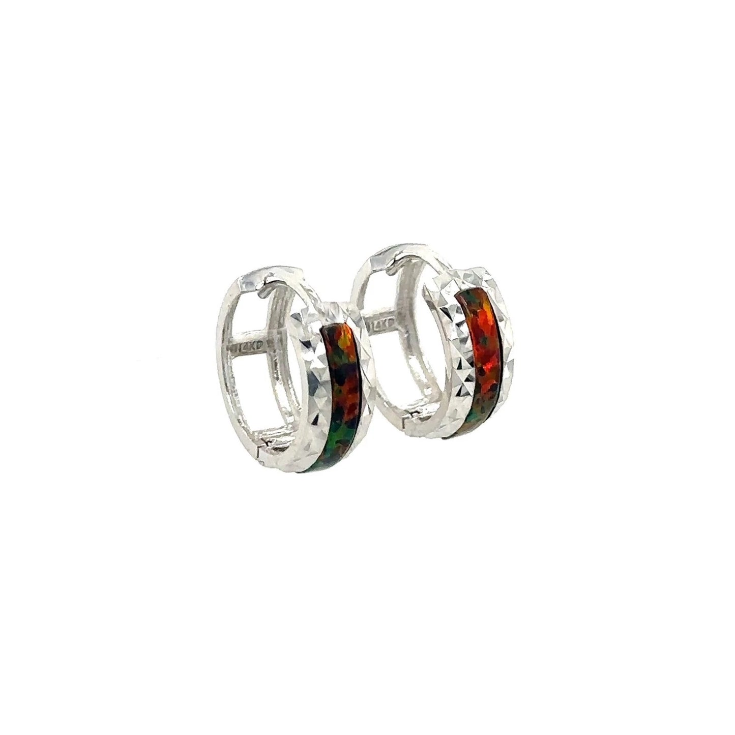 14k White Gold Black Opal Huggie Hoop Earrings