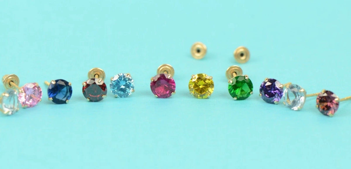 14K Solid Yellow Gold 6mm Round Birthstone Stud Earrings with screw back