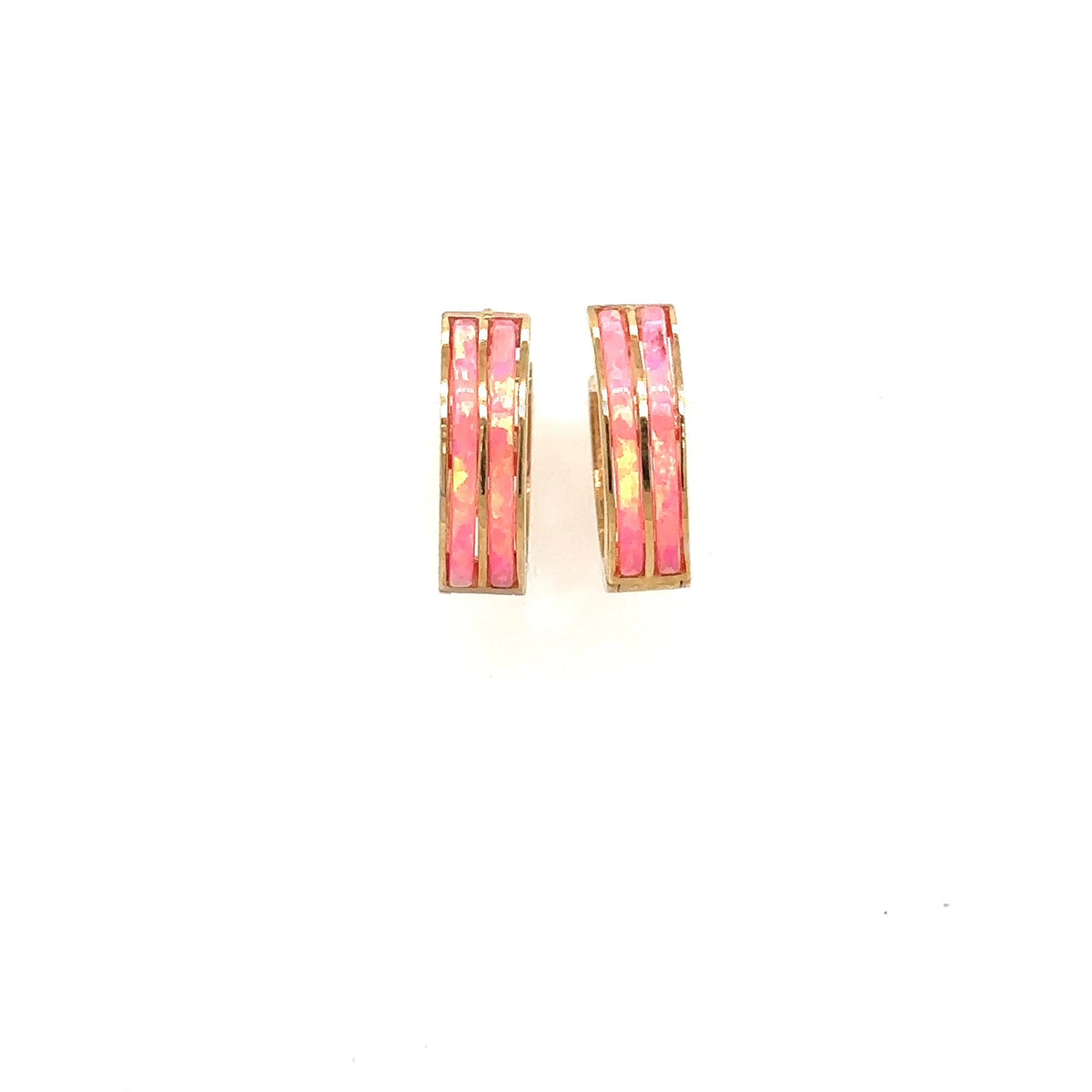 14k Yellow Gold Double Row Hot Pink Opal Huggie Hoop Earrings