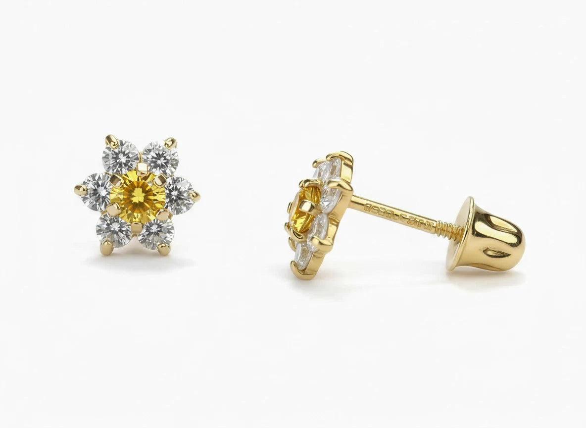 14k Yellow Gold Beautiful Flower Shaped Earrings for Women