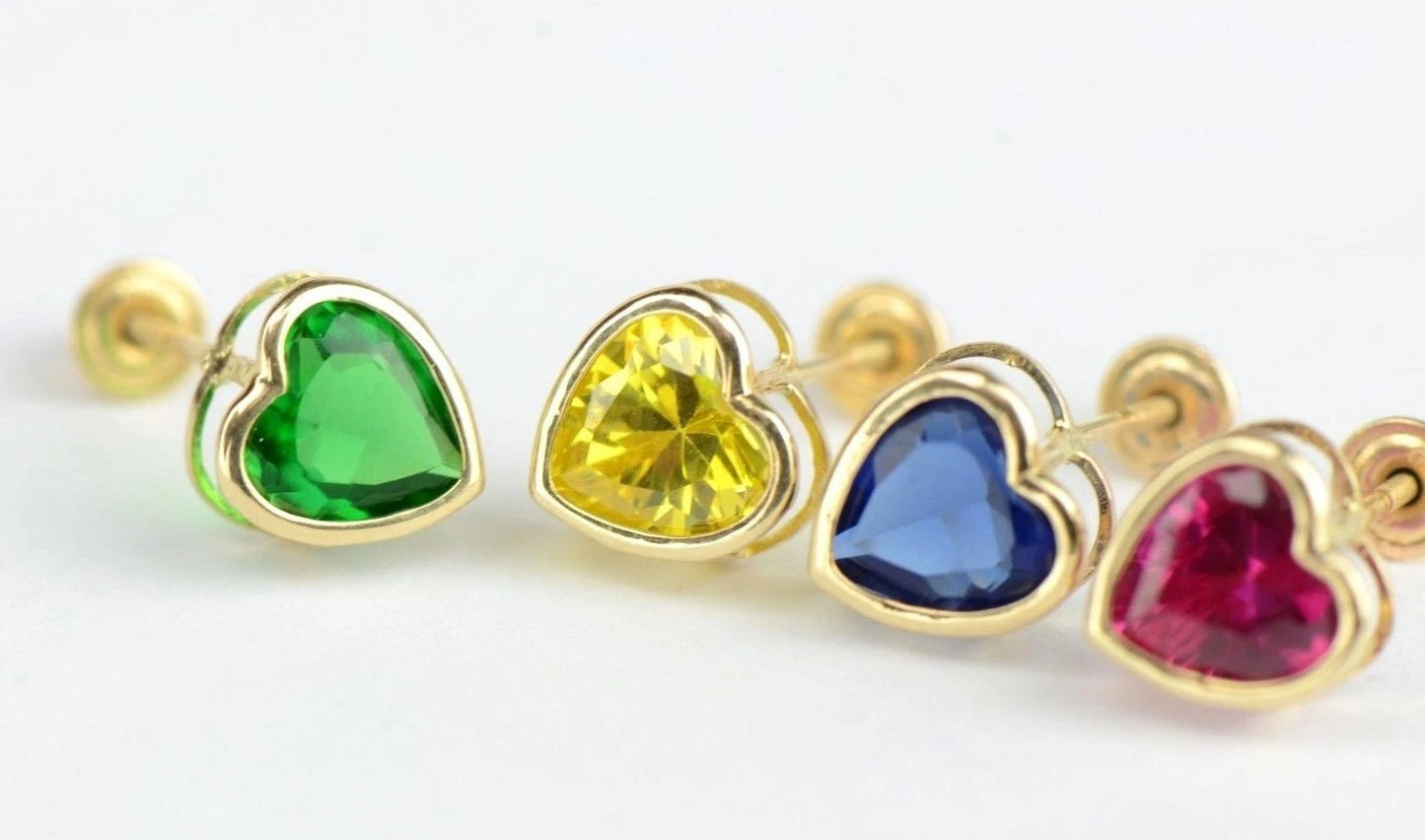14K Solid Yellow Gold Heart Stud Earrings Birthstone 6mm x 6mm