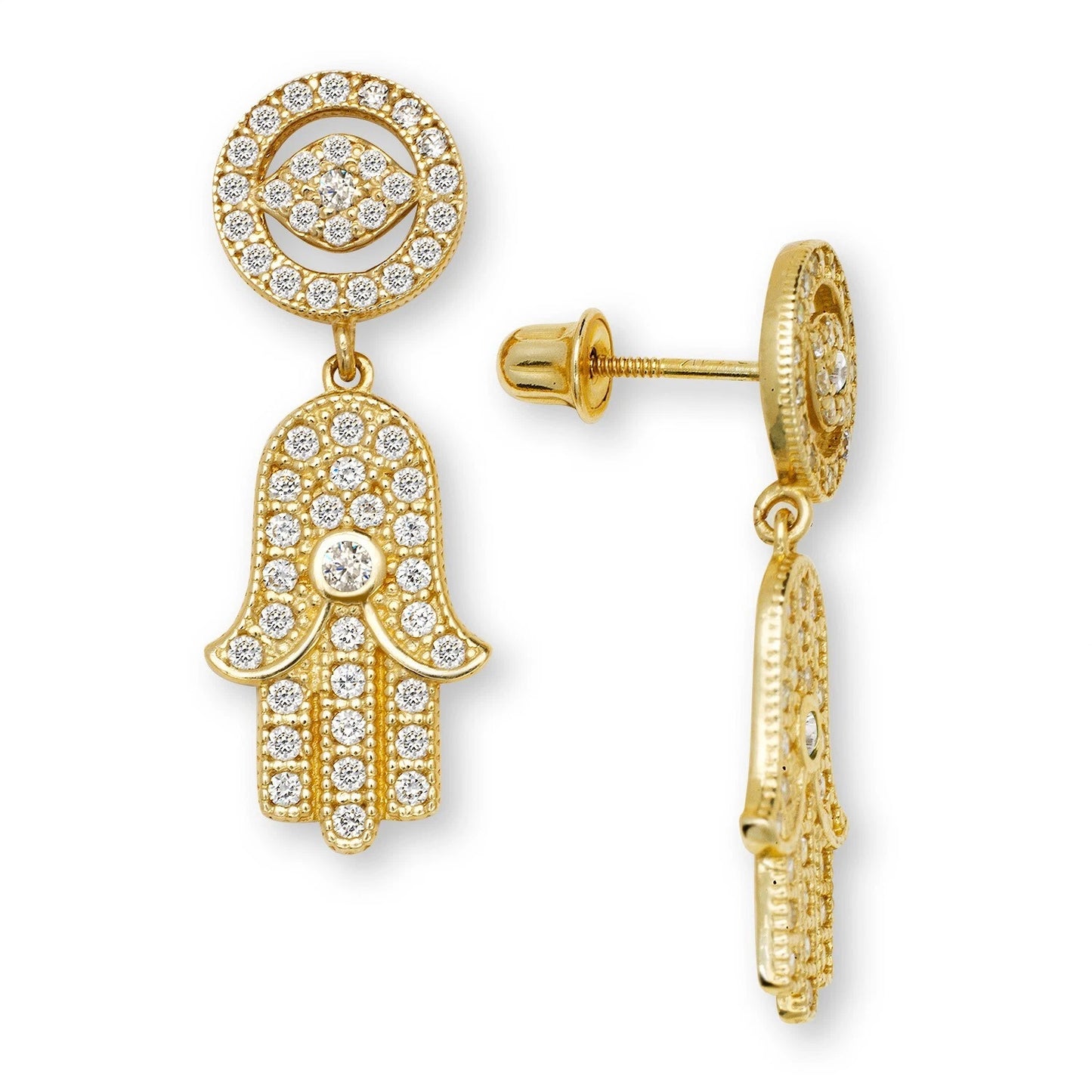 14K Yellow & White Gold Unique Hamsa Hand Dangle Earrings for Women