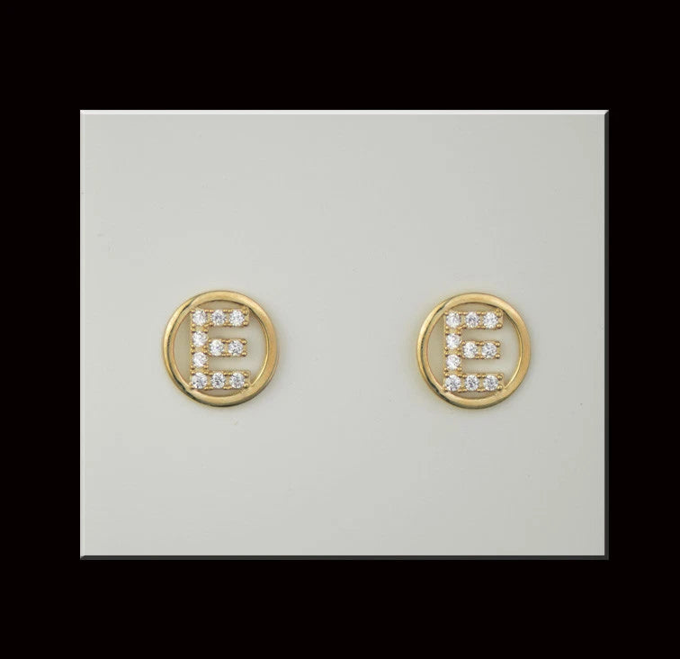 14k Yellow or White Gold Round Initial Letters CZ Stud Earrings