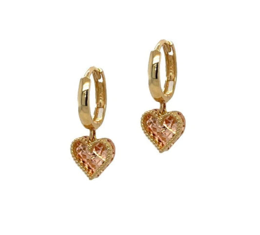 14k Yellow and Rose Gold Dangle Heart Hoop Huggie Earrings