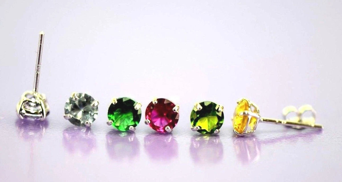 14K Solid White Gold 4mm Round Birthstone Stud Earrings with Push Back