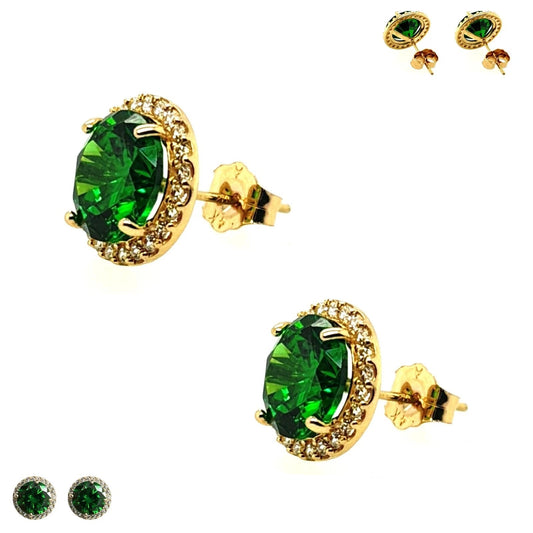 14K Solid Yellow Gold Halo Stud Push Back Emerald Earrings