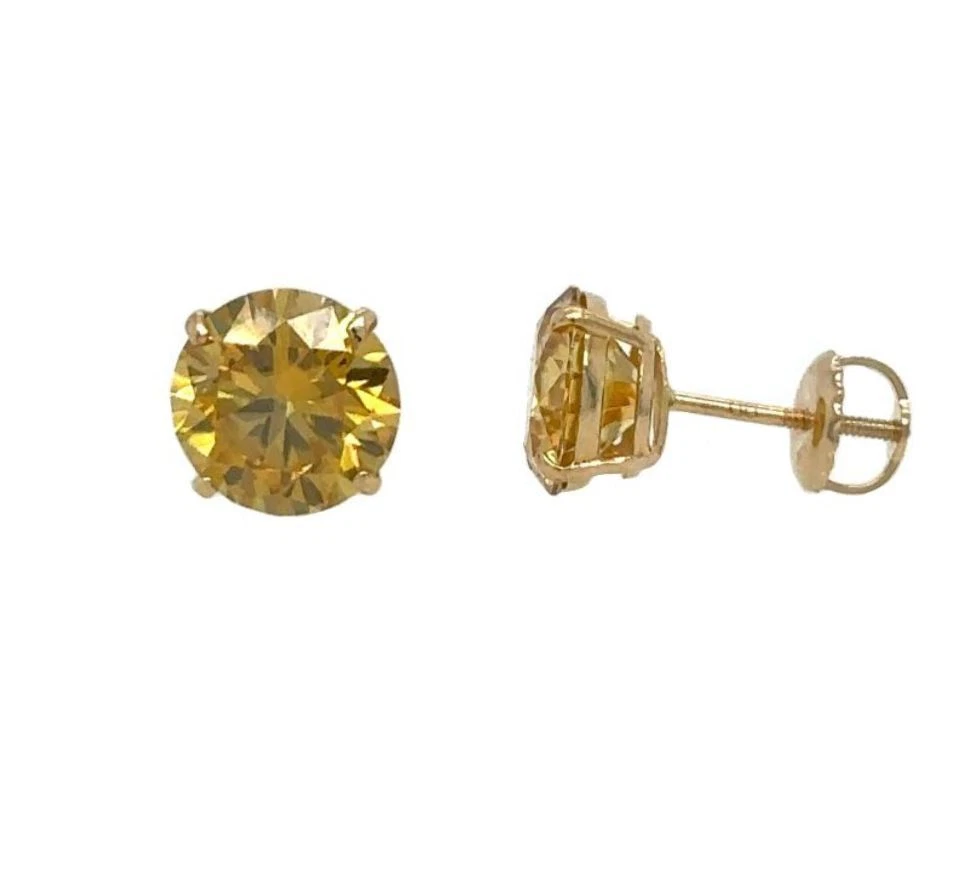 14K Gold Certified GRA D-VVS1 Round Yellow Moissanite Screw Back Studs Earrings