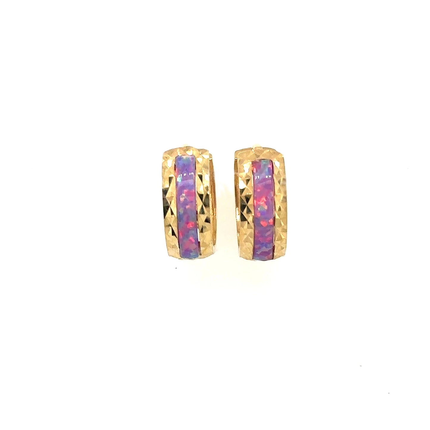 14k Yellow Gold Purple Opal Huggie Hoop Earrings