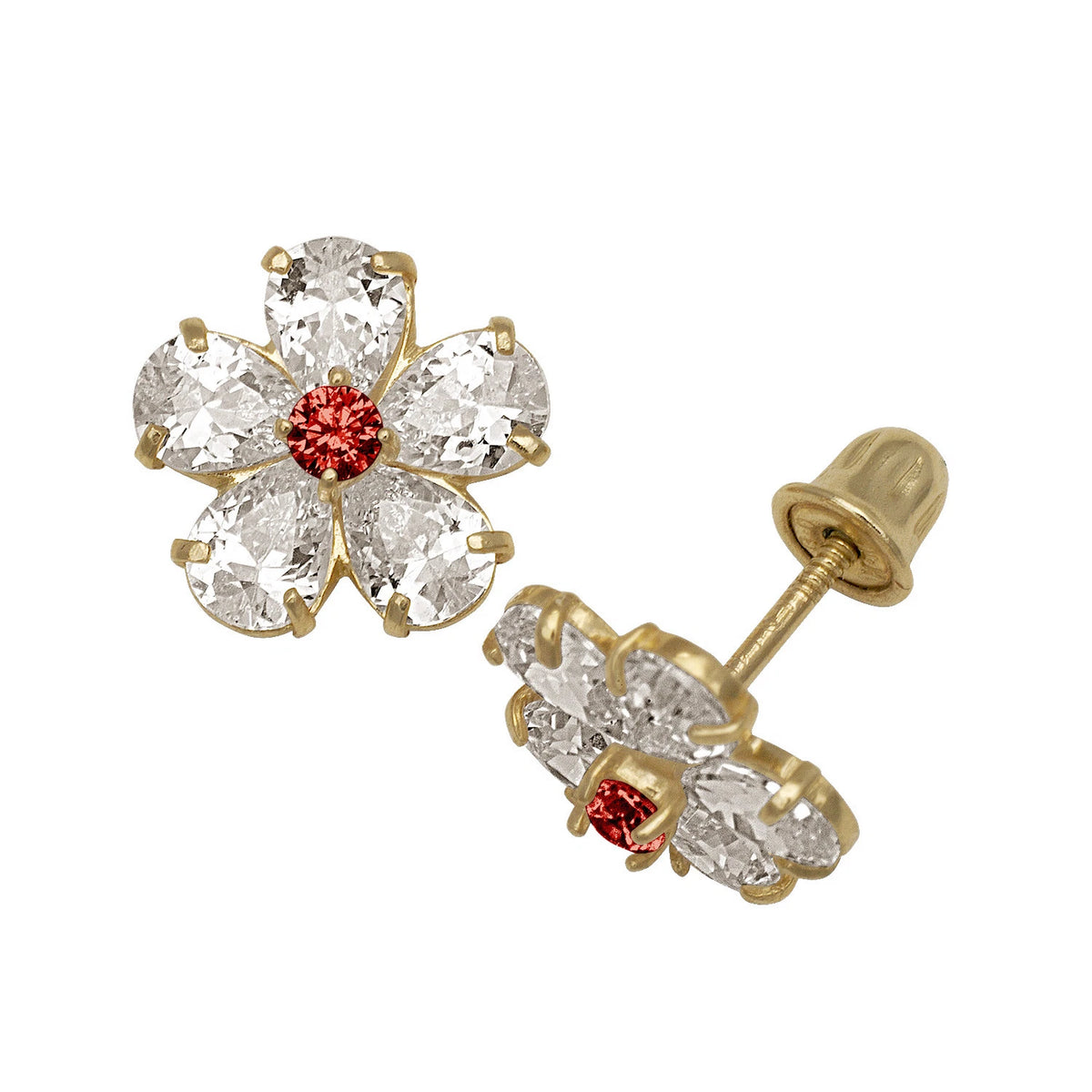 14k Yellow & White Gold CZ Flower Birthstone Stud Screw Back Earrings for Women