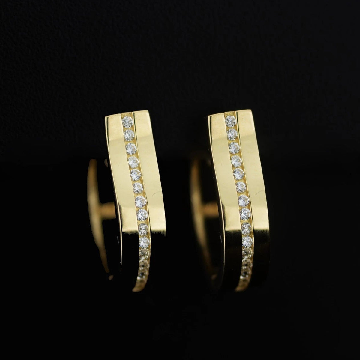 14k Yellow and White Gold One Row Channel Set Huggie Hoop Earrings
