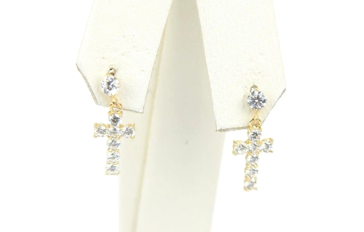 14K Yellow or White Gold Cubic Zirconia CZ Cross Dangle Earrings