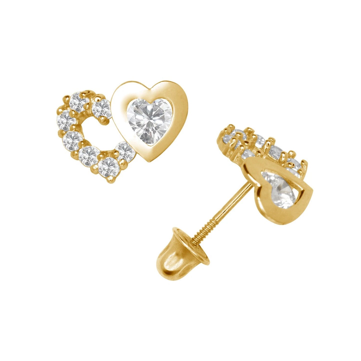 14K Yellow & White Gold Classic CZ Heart Shaped Stud Earrings for Women
