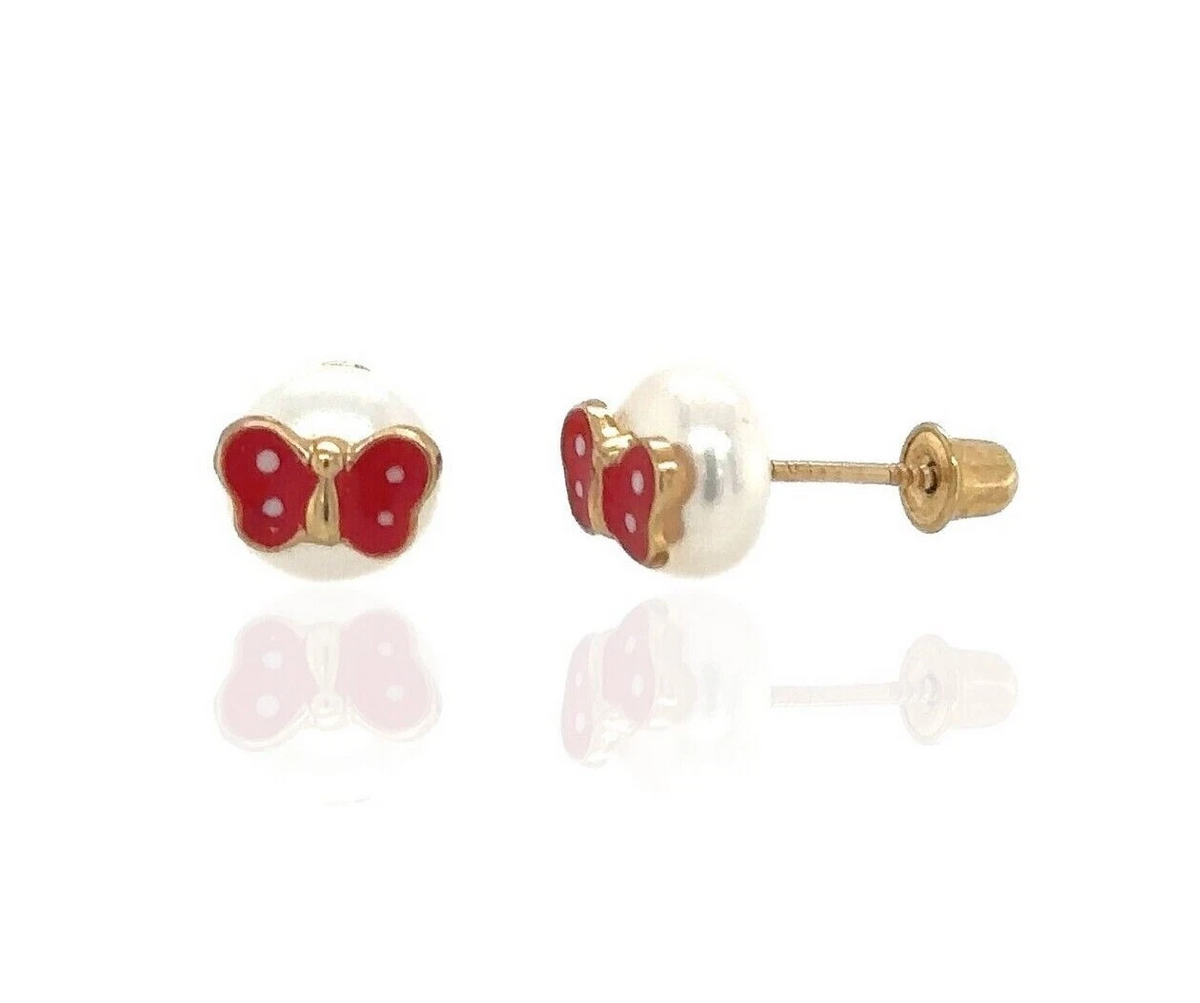 14k Yellow Gold Enamel Butterfly With Genuine Pearl Screw Back Stud Earrings