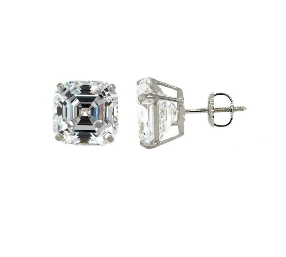 14K White Gold Asscher Cut Stud Earrings Screw Back
