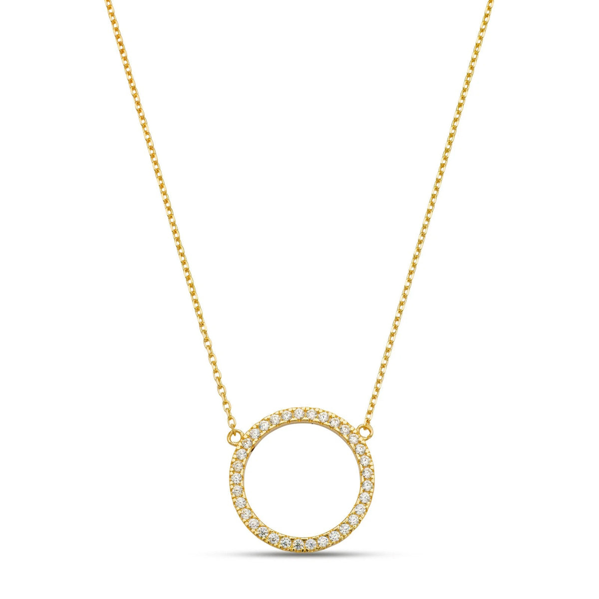 14K Yellow Gold CZ Circle Necklace Cable Chain