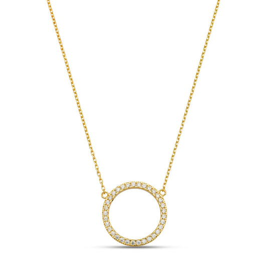 14K Yellow Gold CZ Circle Necklace Cable Chain