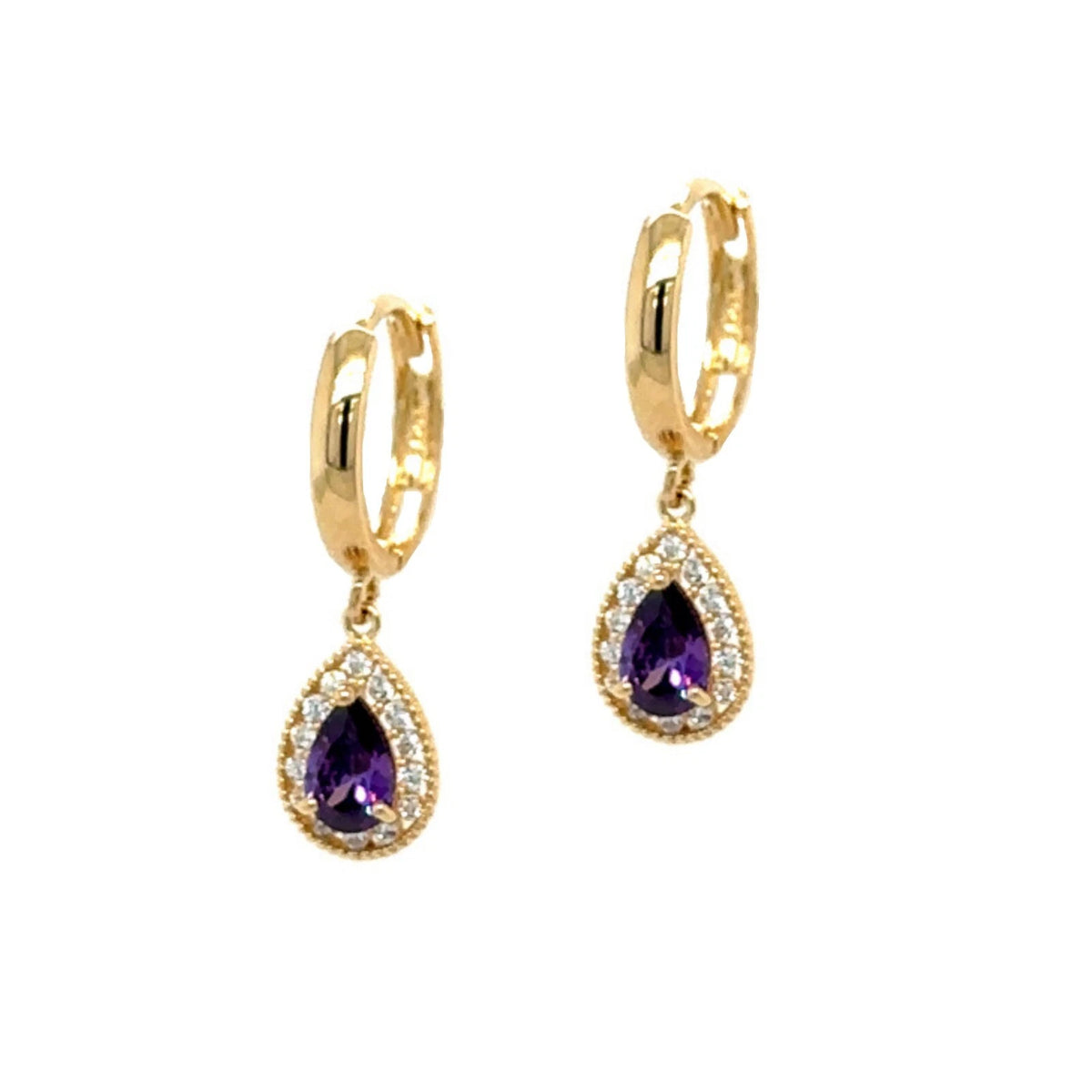 14k Yellow Gold Halo Birthstone Huggie Earrings for Women