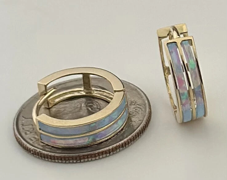 14k Yellow/White Gold Double Row Light Blue Opal Huggie Hoop Earrings