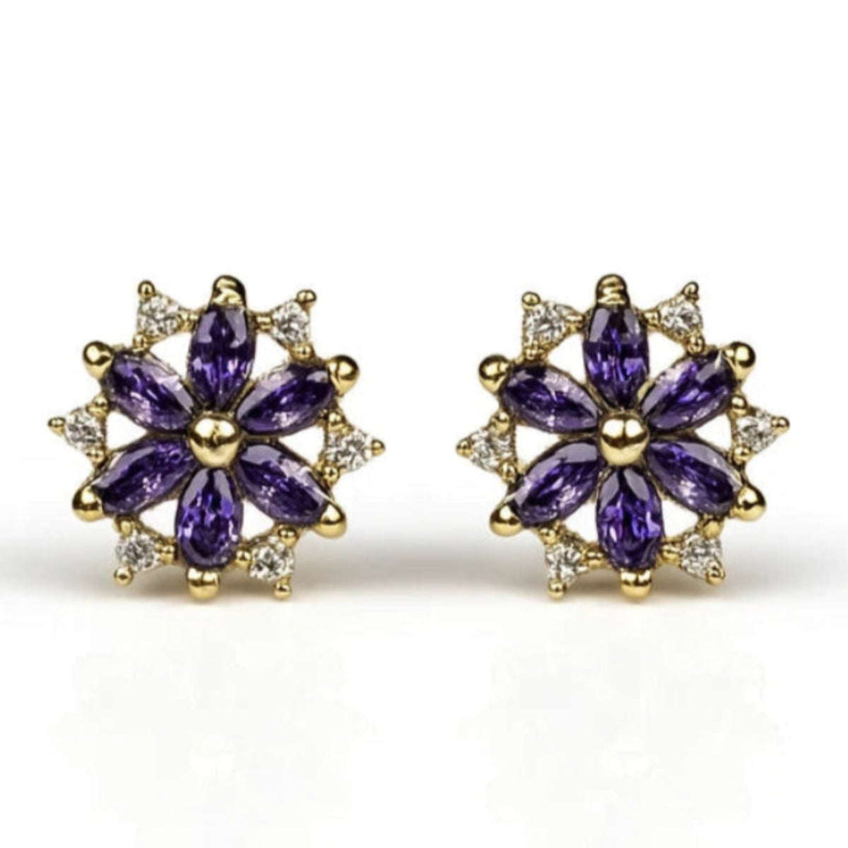 14K Yellow Gold Beautiful CZ Flower Stud Earrings for Women