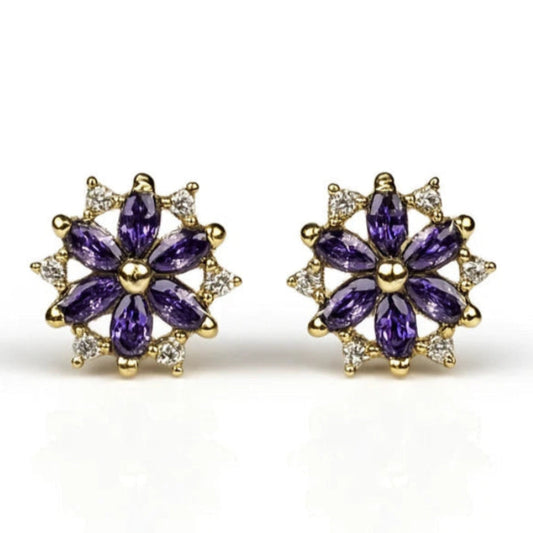 14K Yellow Gold Beautiful CZ Flower Stud Earrings for Women